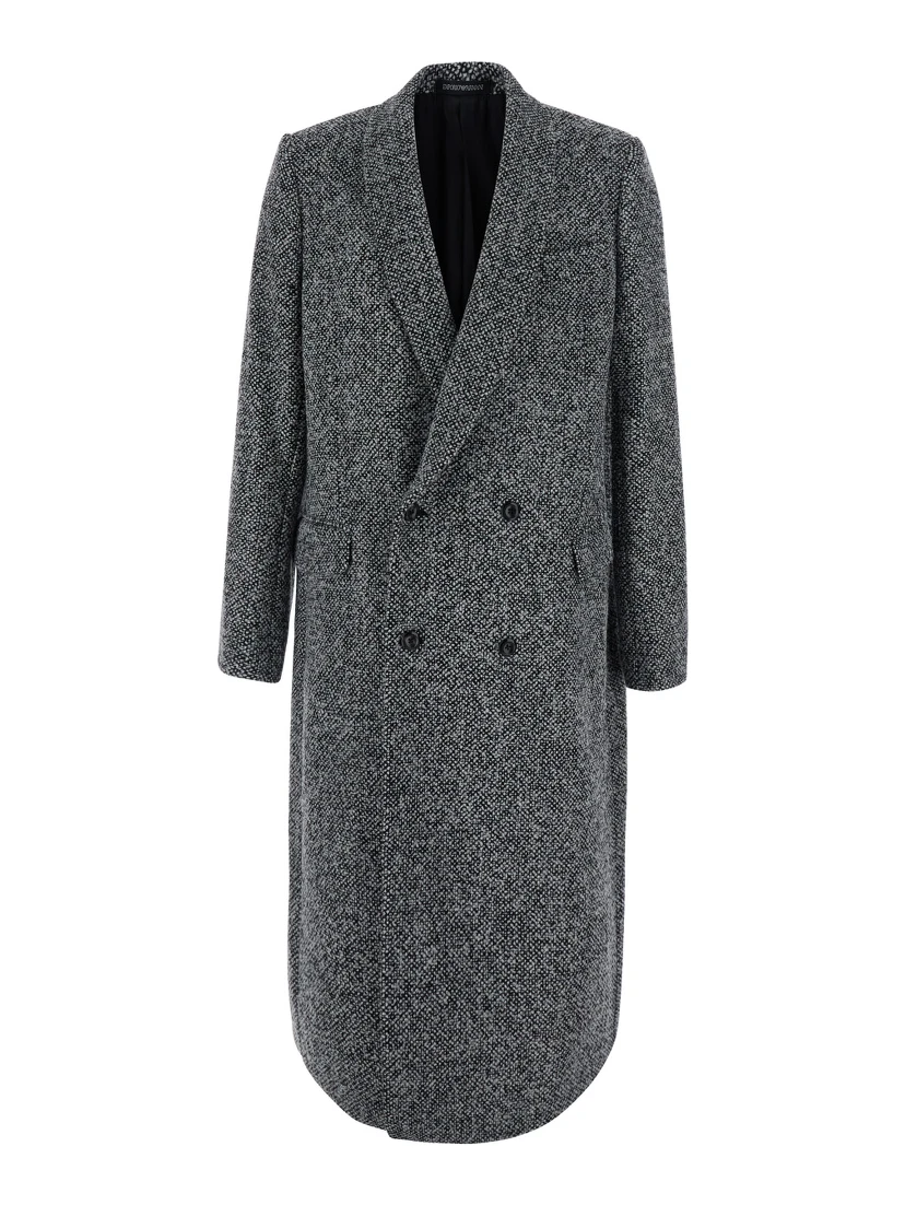 Black Double-Breasted Coat with Front Buttons in Blend Wool Men