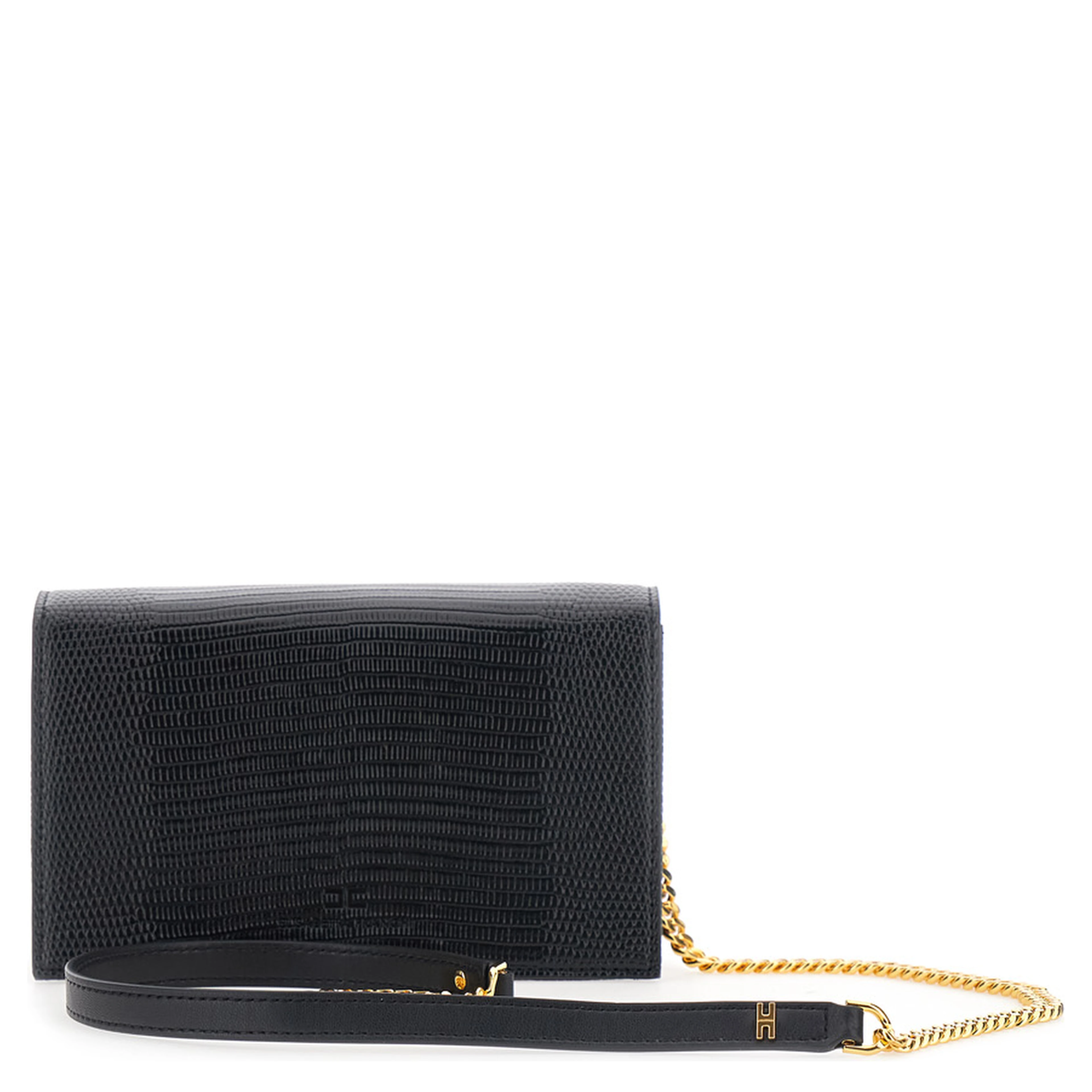 Black Crossbody bag with chain strap and logo plaque closure on the front in ecoleather for women