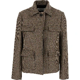 CHECK CROPPED BLAZER with elegant details in 100% beige wool women
