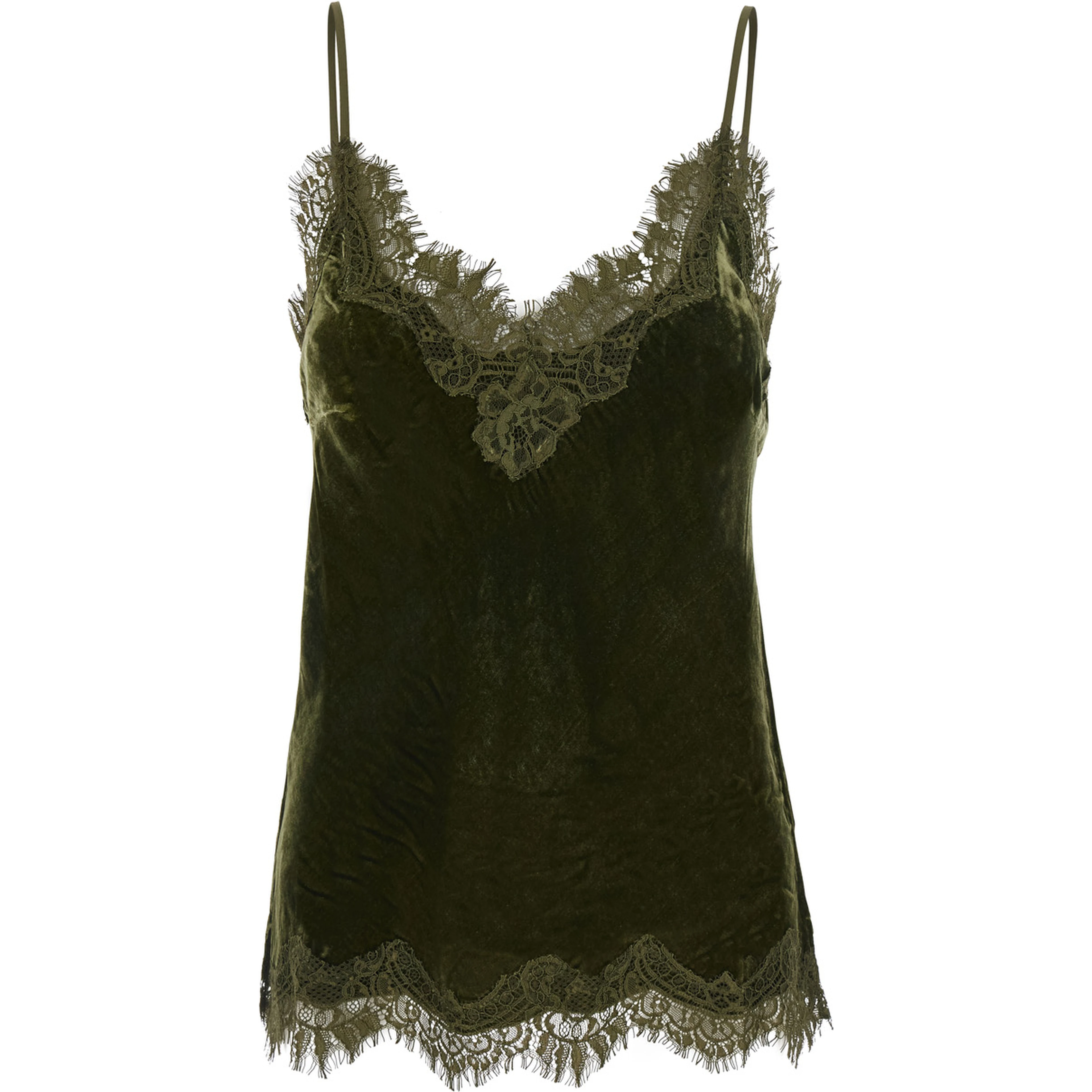 green V-neck top with lace details in velvet for women