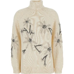 white High-neck sweater with floral embroidery in cashmere for women