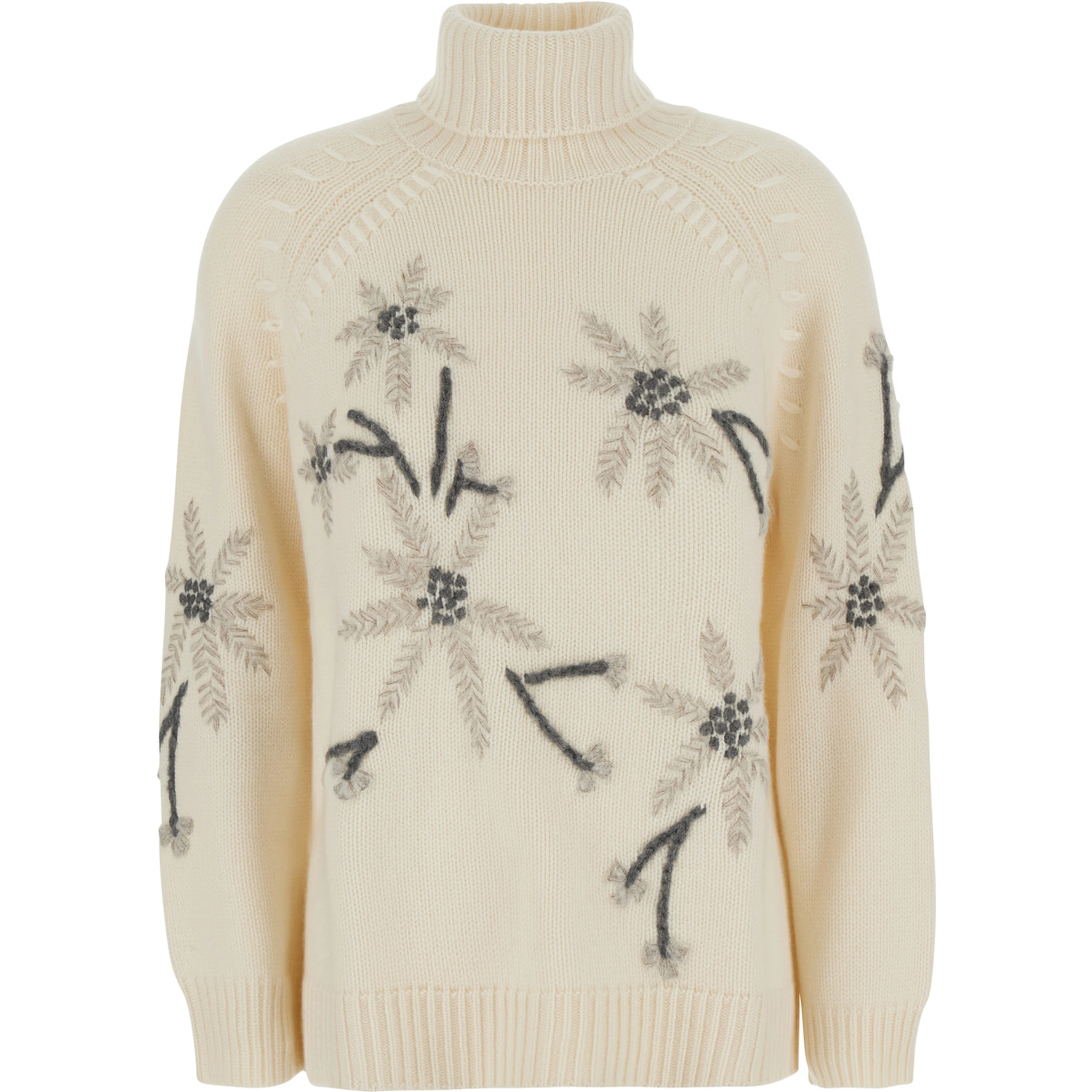 white High-neck sweater with floral embroidery in cashmere for women
