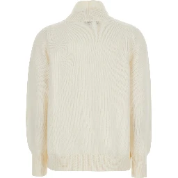 White Sweater with ribbed design and high collar in virgin wool  for women