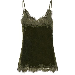 green V-neck top with lace details in velvet for women