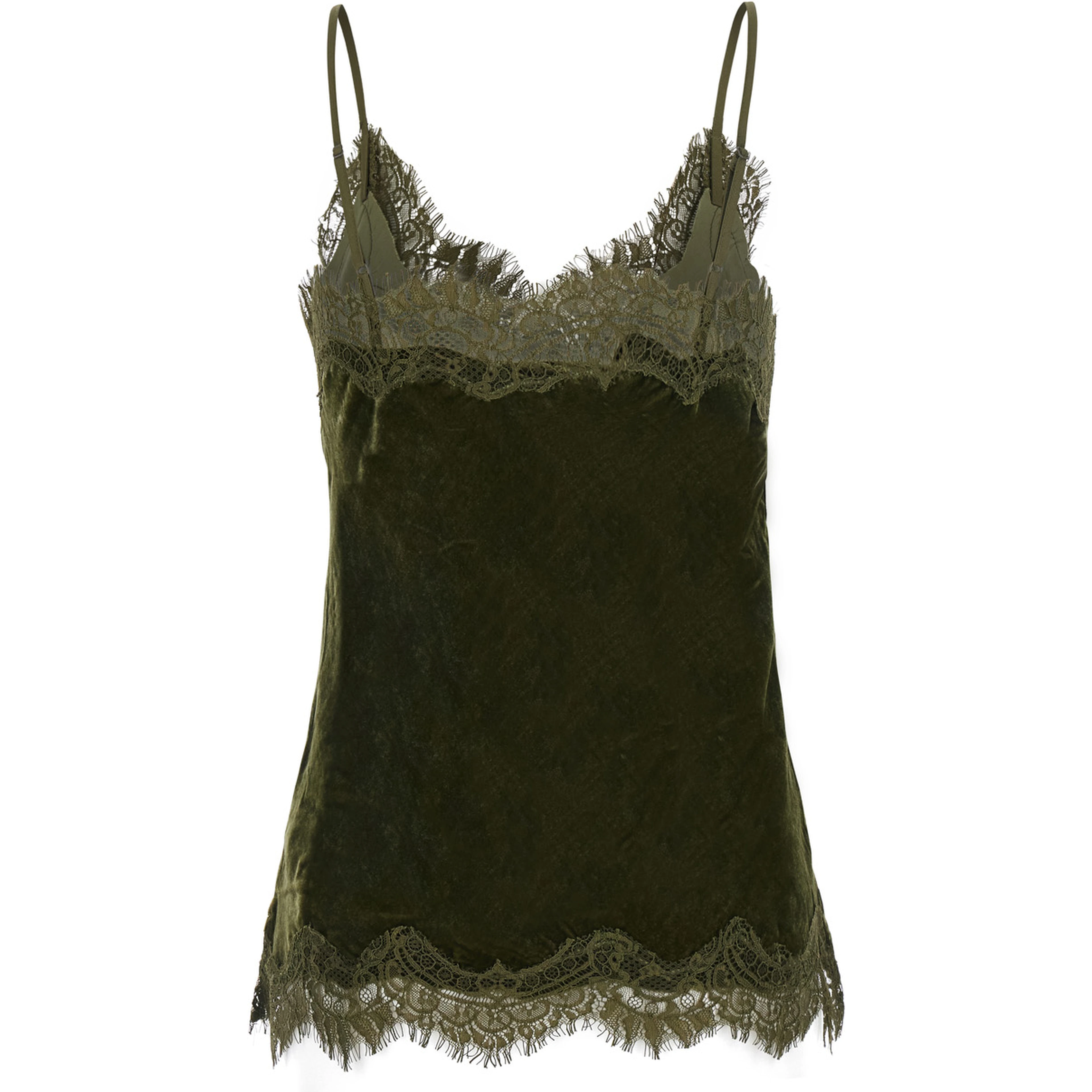 green V-neck top with lace details in velvet for women