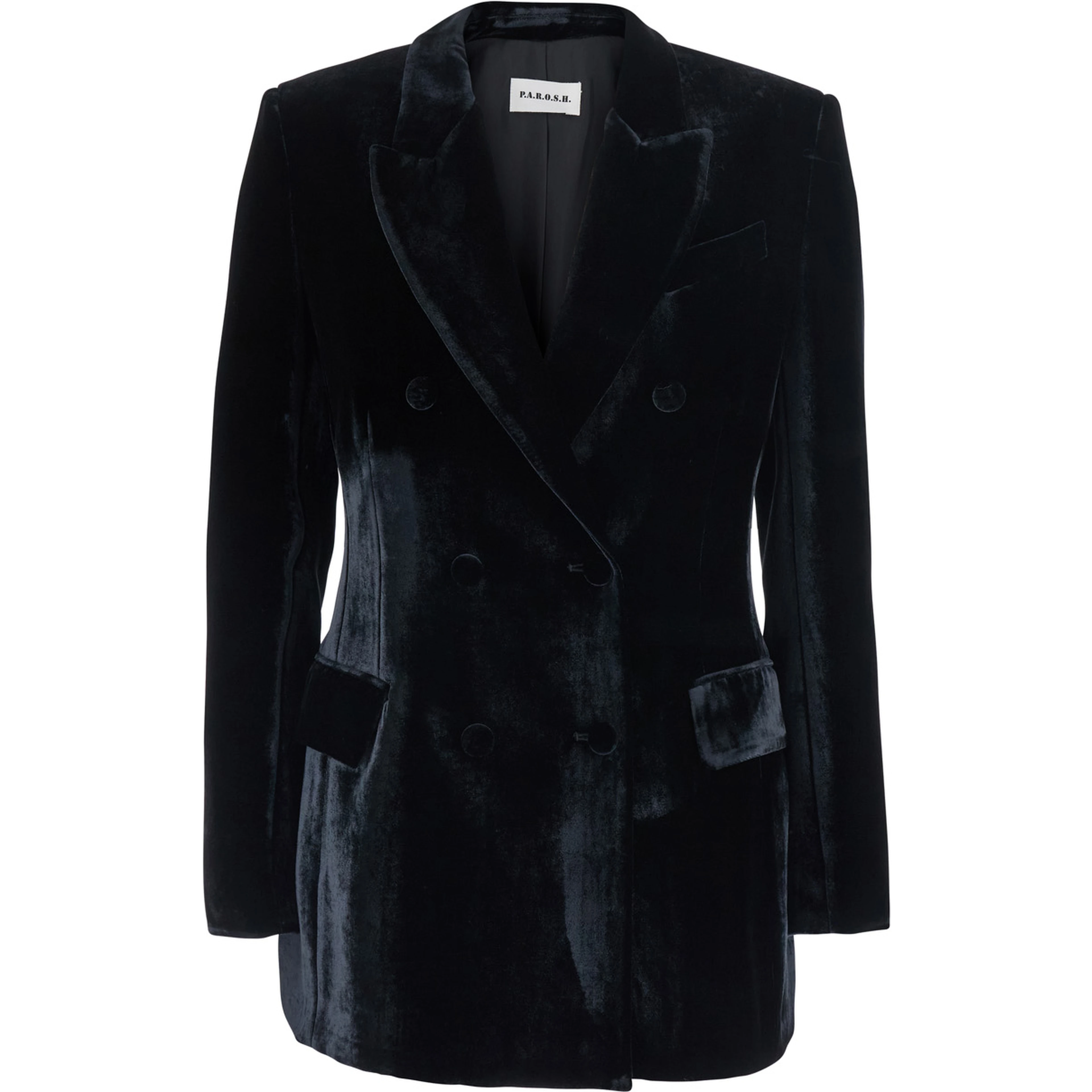 Black Double-Breasted Jacket with Peak Revers in Velvet for Women
