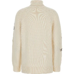 white High-neck sweater with floral embroidery in cashmere for women