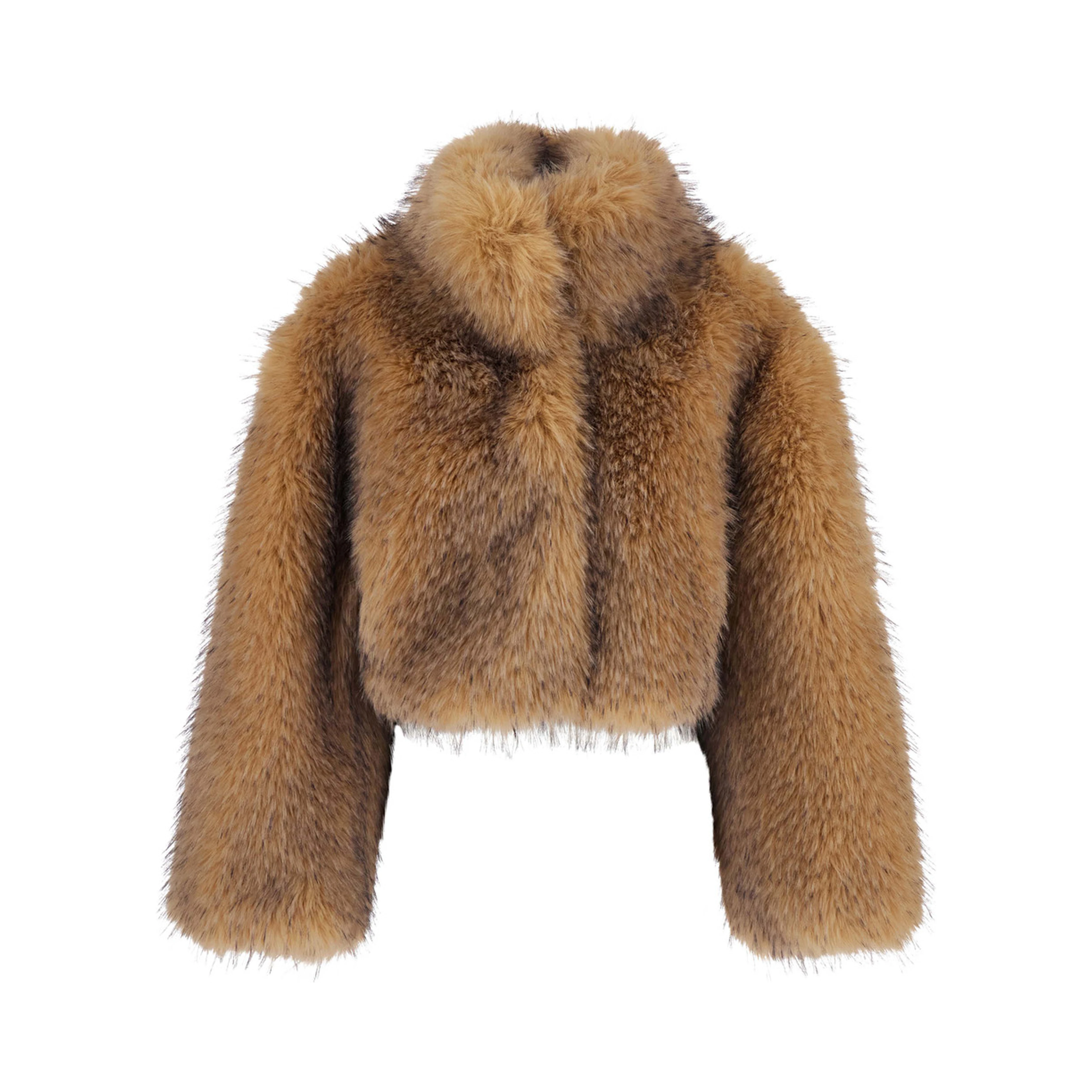 brown Jacket in with round collar and long sleeves in synthetic fur women