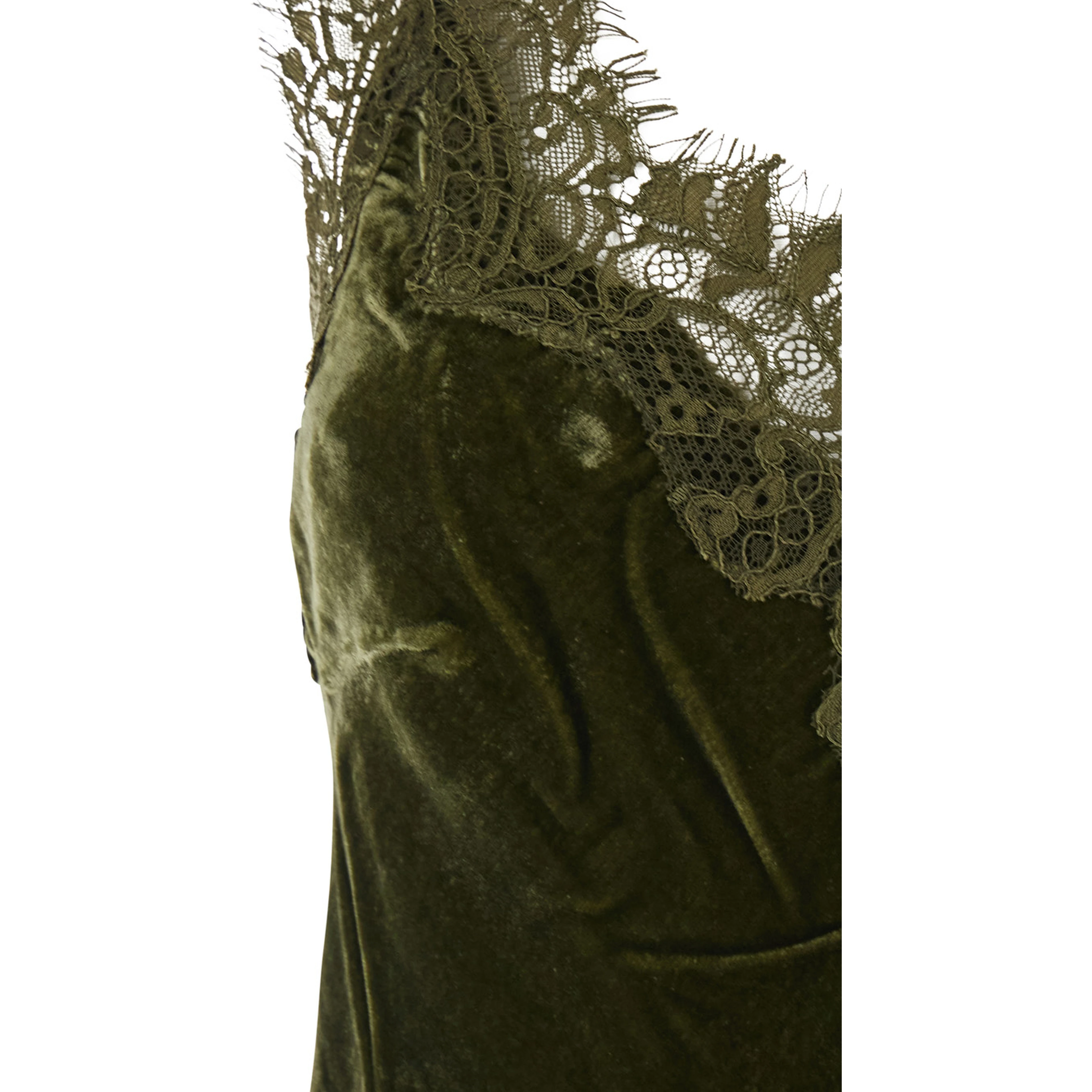 green V-neck top with lace details in velvet for women