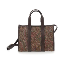 Handbag Arnica Small with Adjustable and Removable Shoulder Strap and Paisley Motif All-Over in Brown Canvas for Women
