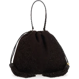 Kalispera Black Shoulder bag with Drawstring Closure and Embroidery in Suede for Women