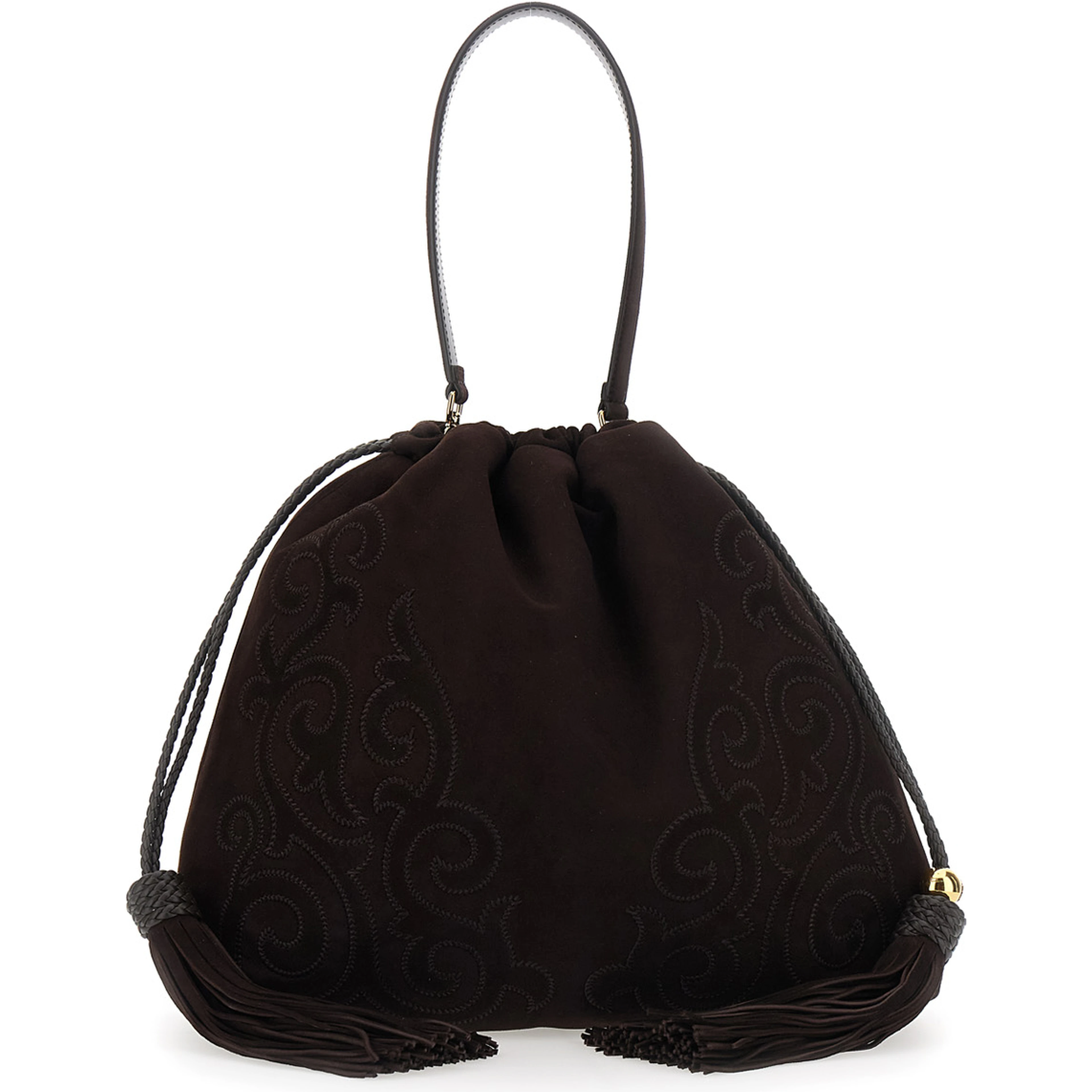 Kalispera Black Shoulder bag with Drawstring Closure and Embroidery in Suede for Women