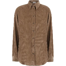 Beige shirt with classic collar in corduroy for women