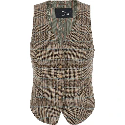 Beige Single-Breasted Vest with V-Neck and Prince of Wales Motif in Blend Wool Women
