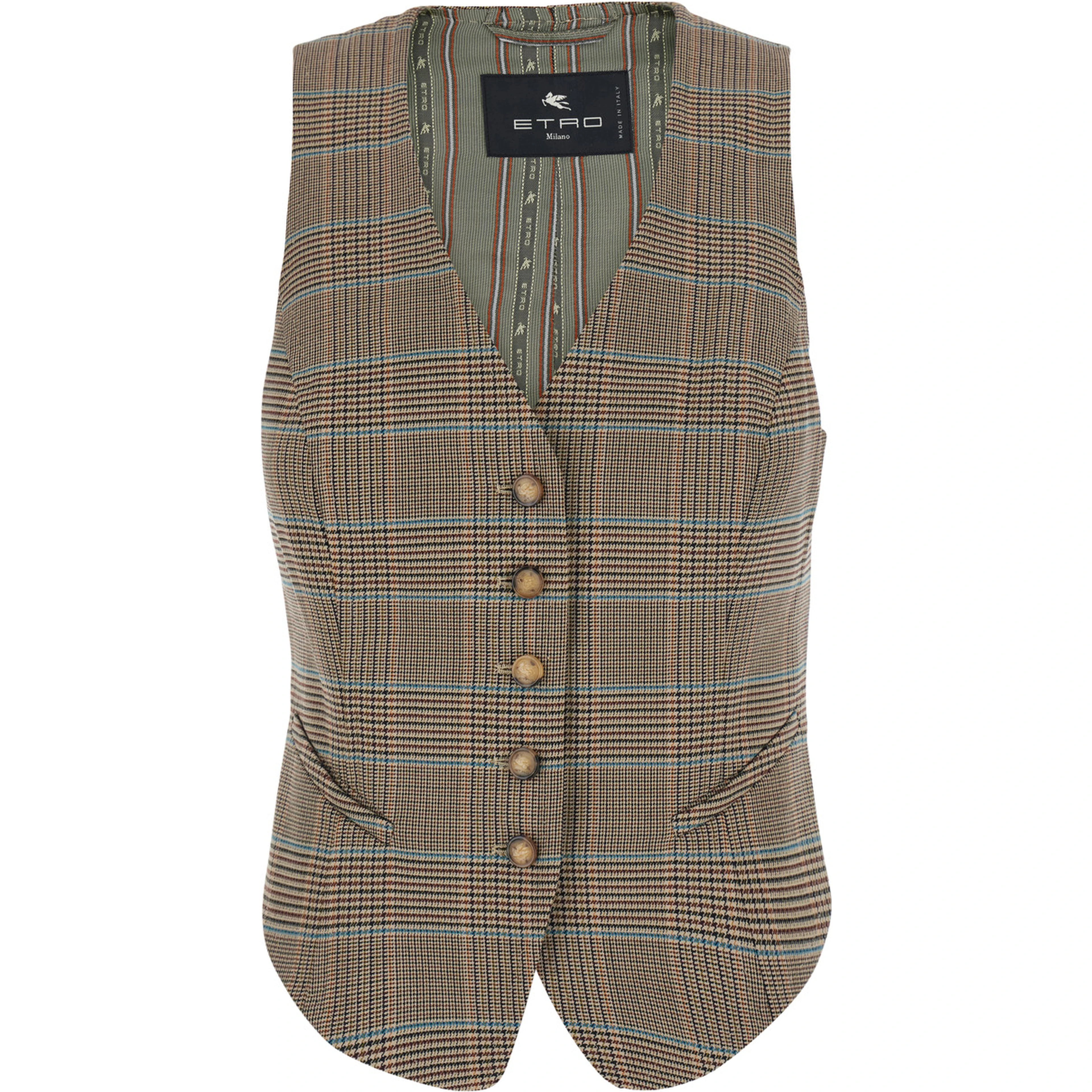 Beige Single-Breasted Vest with V-Neck and Prince of Wales Motif in Blend Wool Women