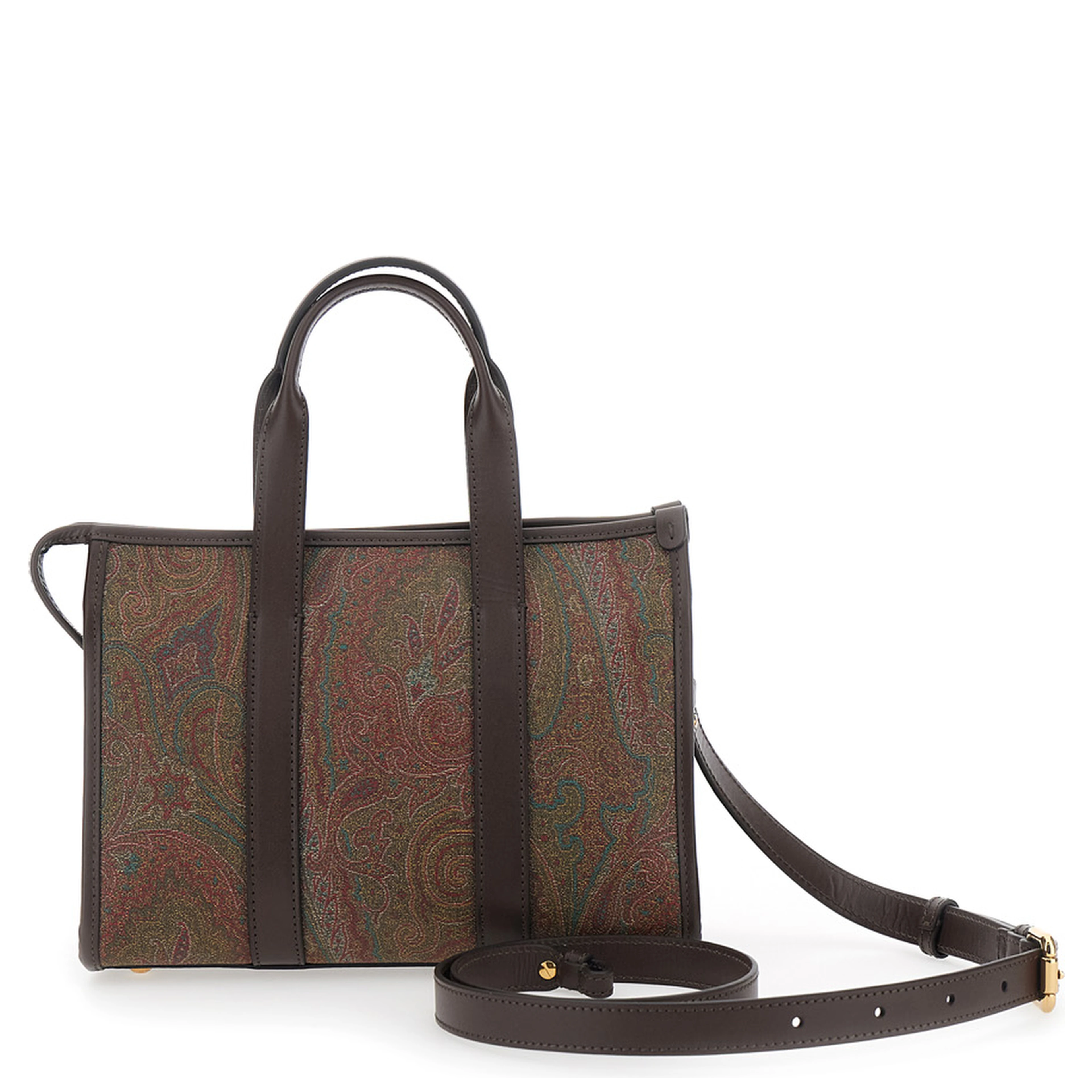 Handbag Arnica Small with Adjustable and Removable Shoulder Strap and Paisley Motif All-Over in Brown Canvas for Women