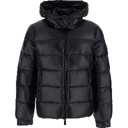 Black Down jacket with fixed hood and logo patch on the sleeve in glossy Tech Fabric for men