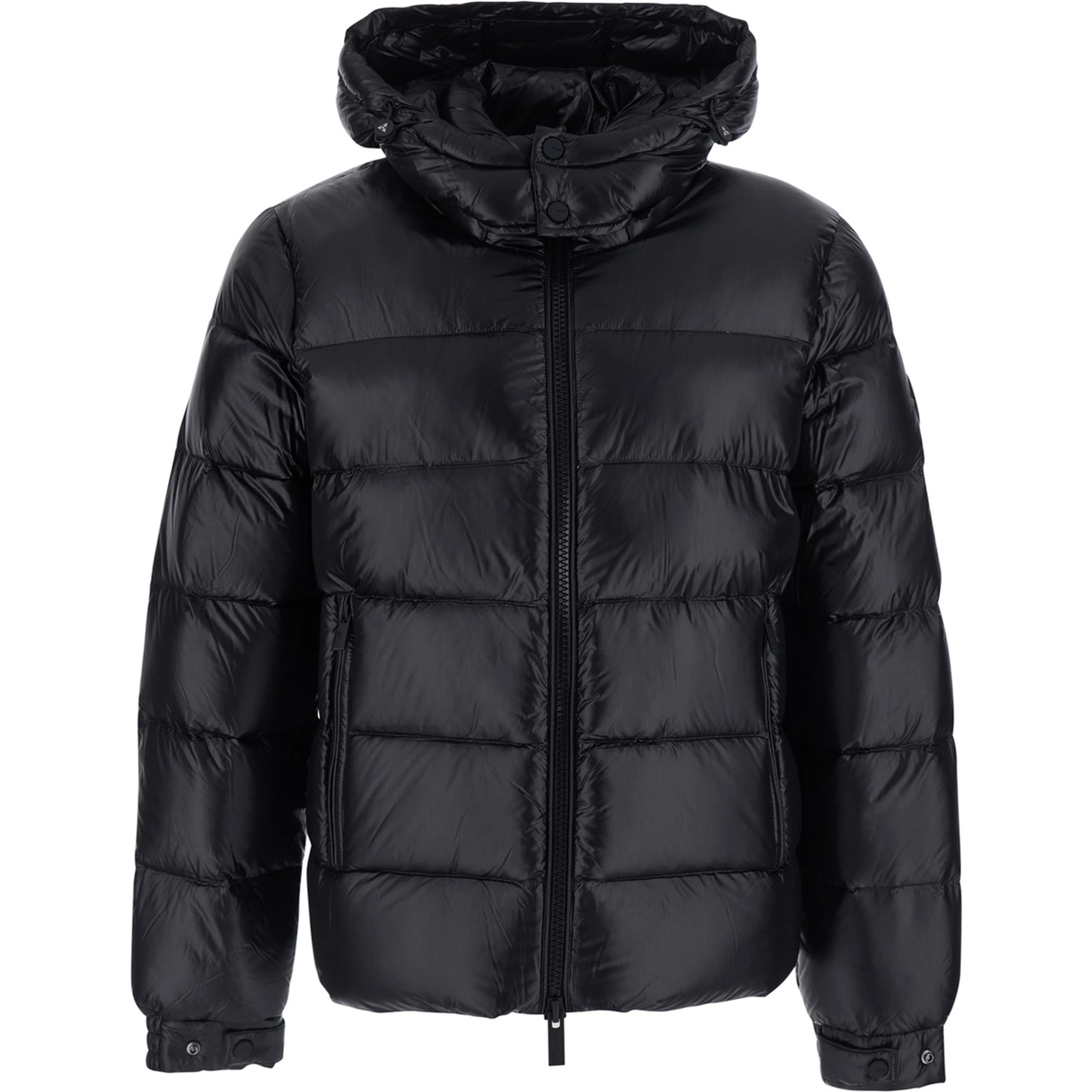 Black Down jacket with fixed hood and logo patch on the sleeve in glossy Tech Fabric for men