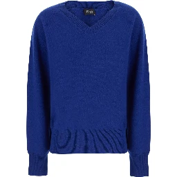V NECK 12GG Sweater with V-neck and long sleeves in Blue Cashmere for women
