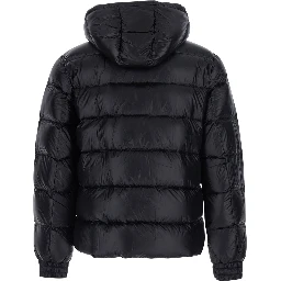 Black Down jacket with fixed hood and logo patch on the sleeve in glossy Tech Fabric for men
