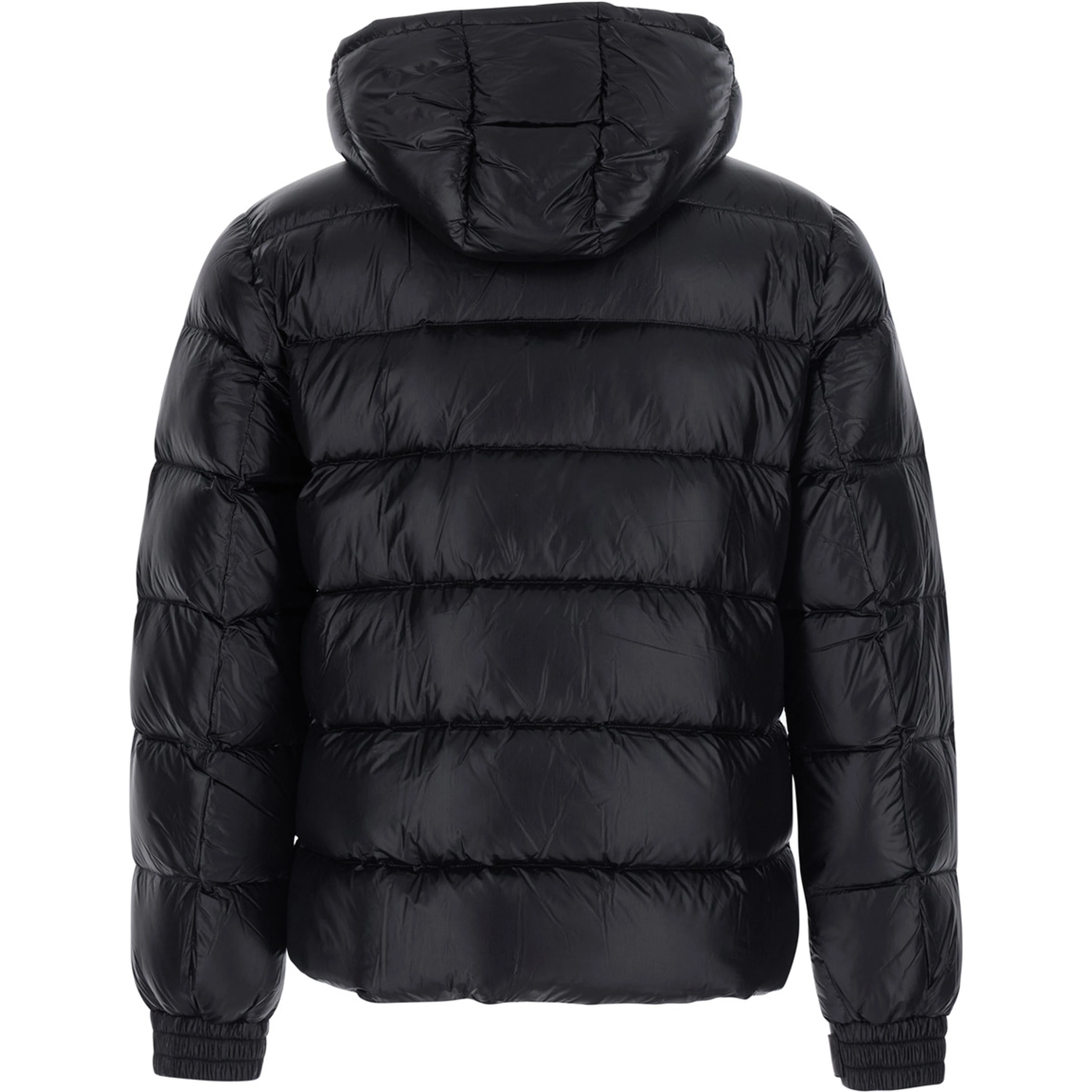 Black Down jacket with fixed hood and logo patch on the sleeve in glossy Tech Fabric for men