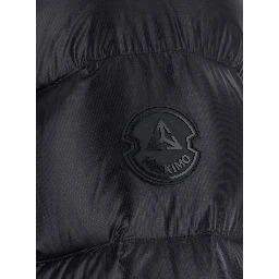 Black Down jacket with fixed hood and logo patch on the sleeve in glossy Tech Fabric for men