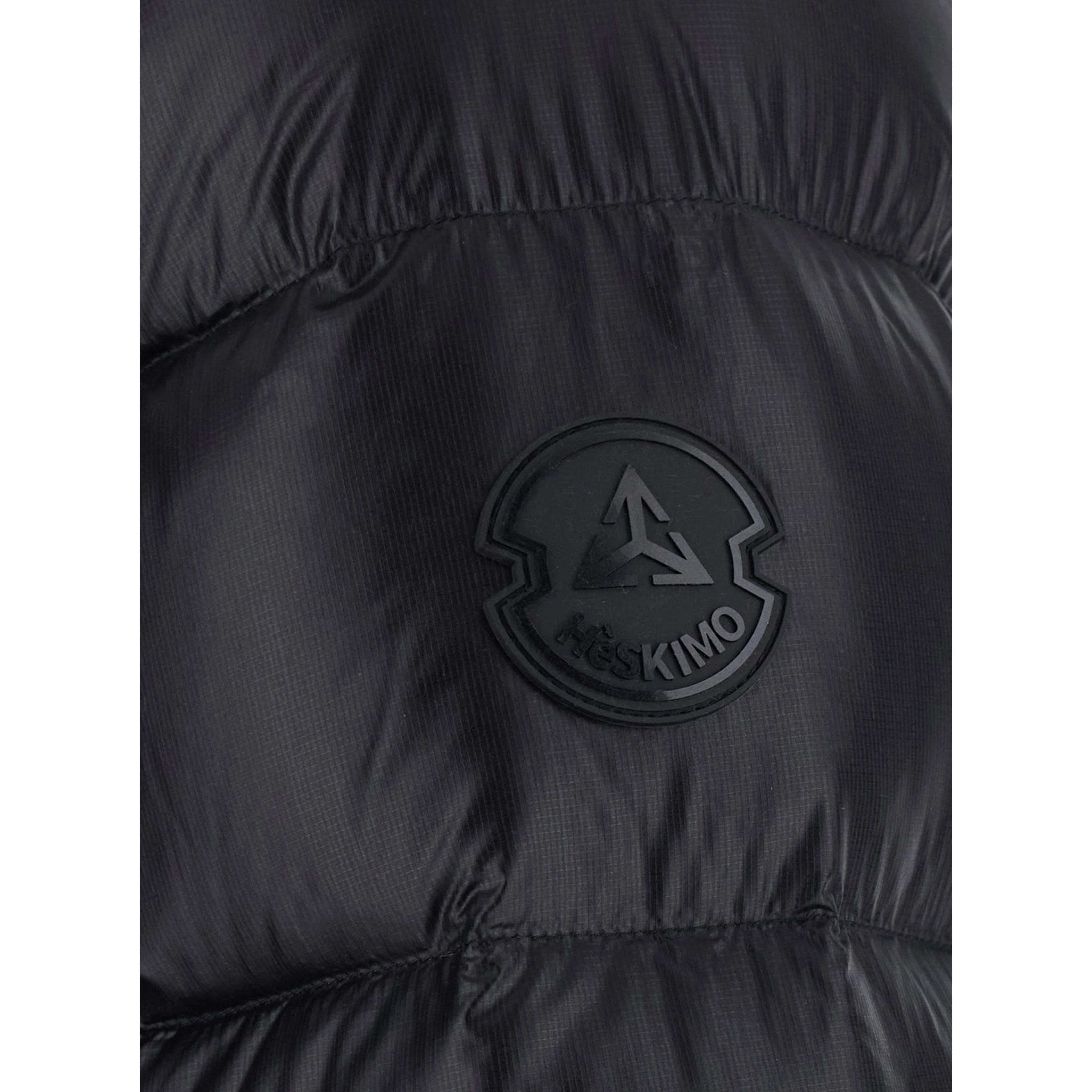 Black Down jacket with fixed hood and logo patch on the sleeve in glossy Tech Fabric for men