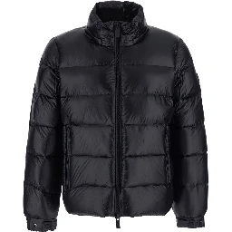 Black Down jacket with fixed hood and logo patch on the sleeve in glossy Tech Fabric for men