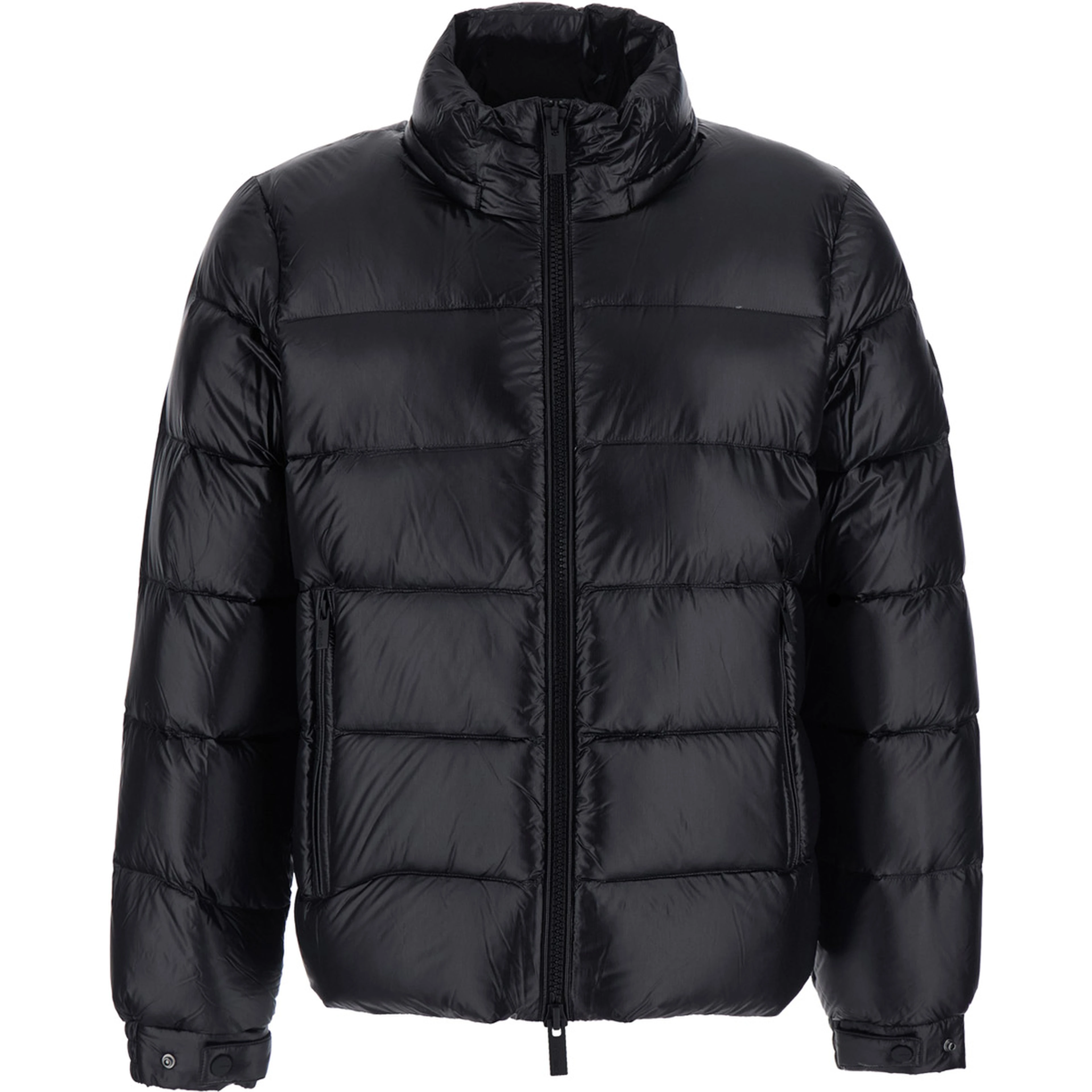 Black Down jacket with fixed hood and logo patch on the sleeve in glossy Tech Fabric for men