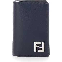 Blue Leather Card Holder with FF Logo Plate on the Front for Men