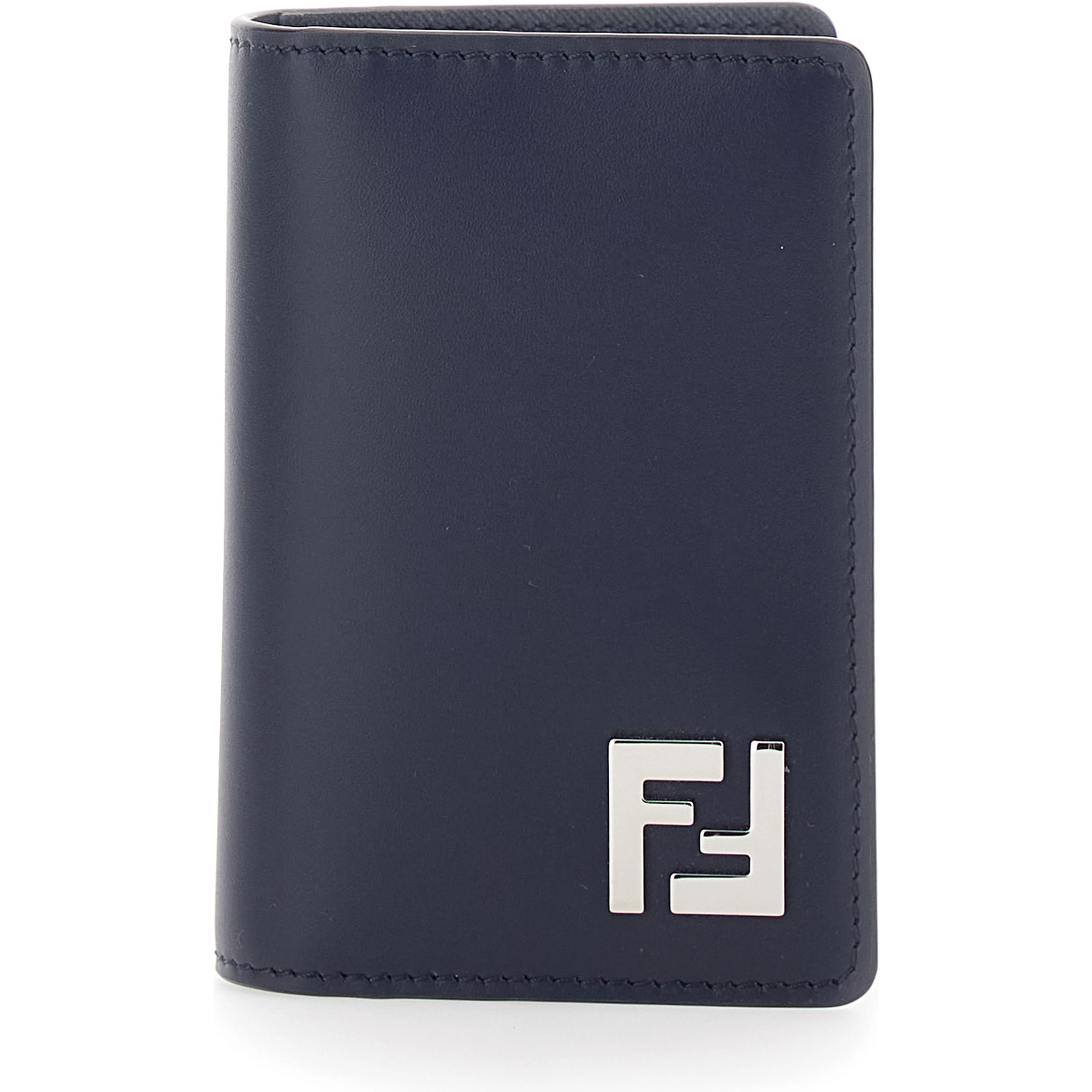 Blue Leather Card Holder with FF Logo Plate on the Front for Men