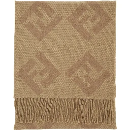 Beige Scarf with Fringed Hem and All-Over FF Motif in Wool for Men