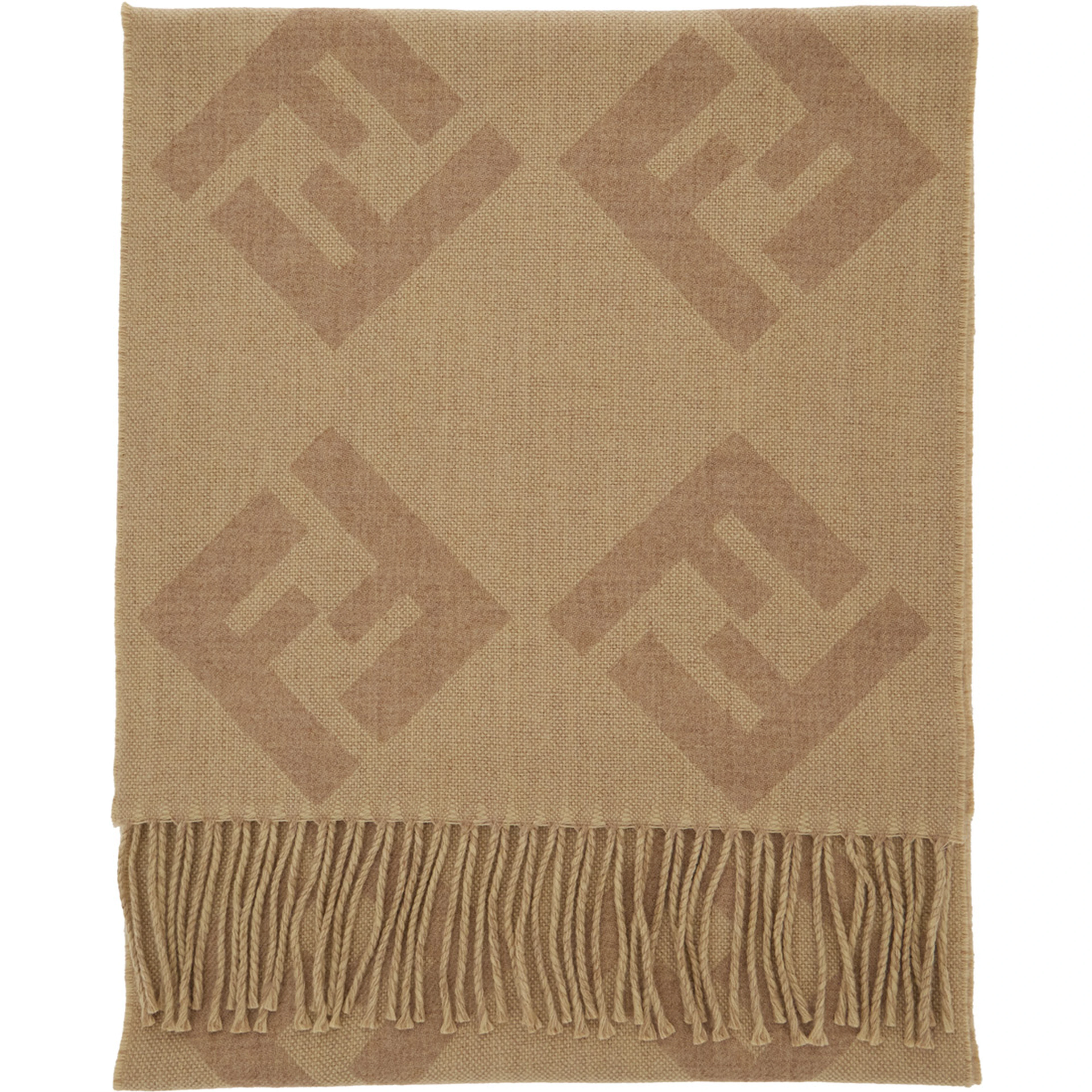Beige Scarf with Fringed Hem and All-Over FF Motif in Wool for Men