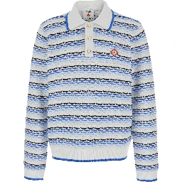 Blue Polo with Logo Embroidery on the Front and All-Over Stripes in Cotton Man