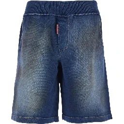 Blue Shorts with Elastic Waist and Worn Effect in Cotton for Men