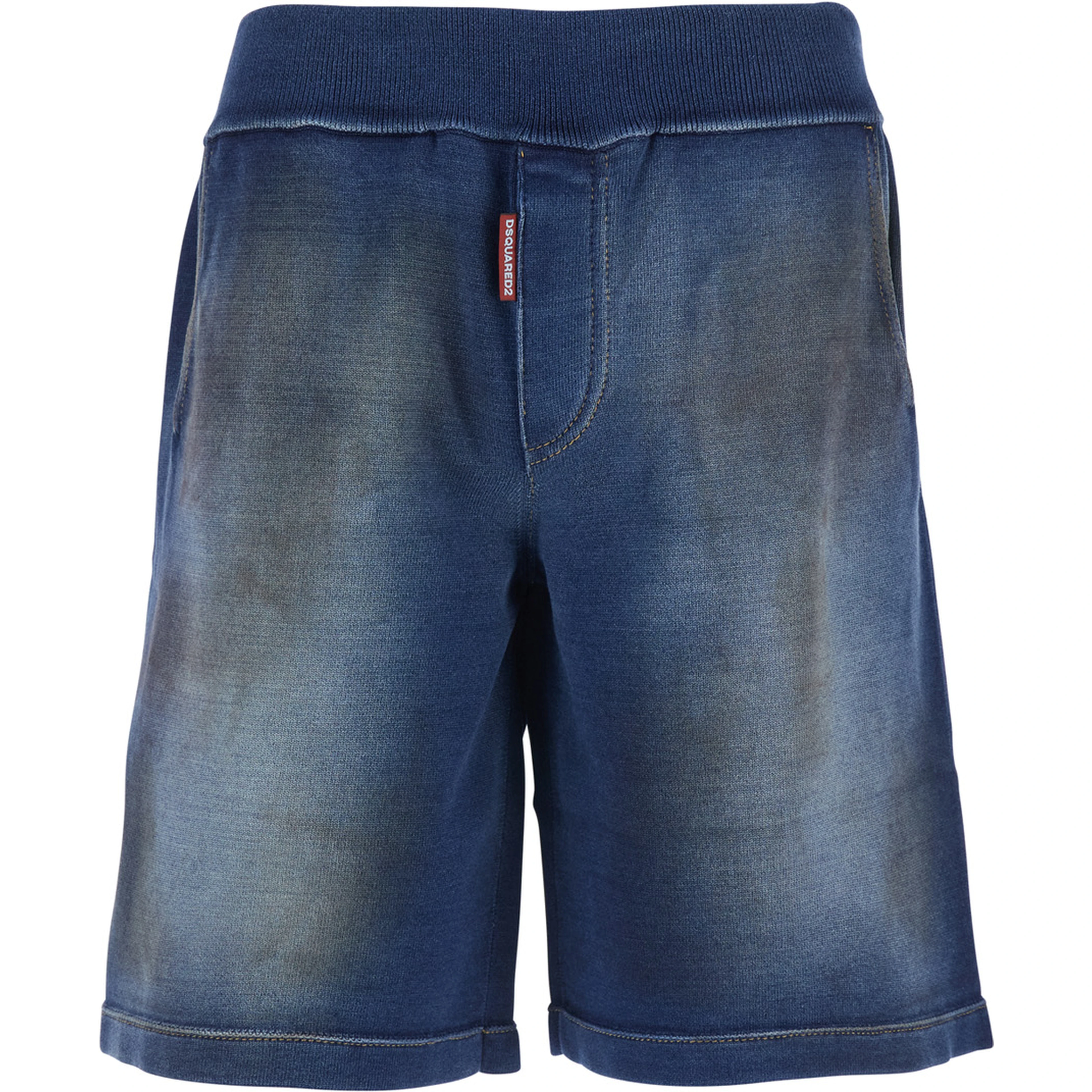 Blue Shorts with Elastic Waist and Worn Effect in Cotton for Men