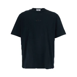 Blue Crew Neck T-Shirt with Logo Lettering Embroidery on the Front in Cotton for Men