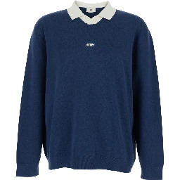 Blue Polo Shirt with Contrast Collar and Logo on Front in Cotton Blend Man