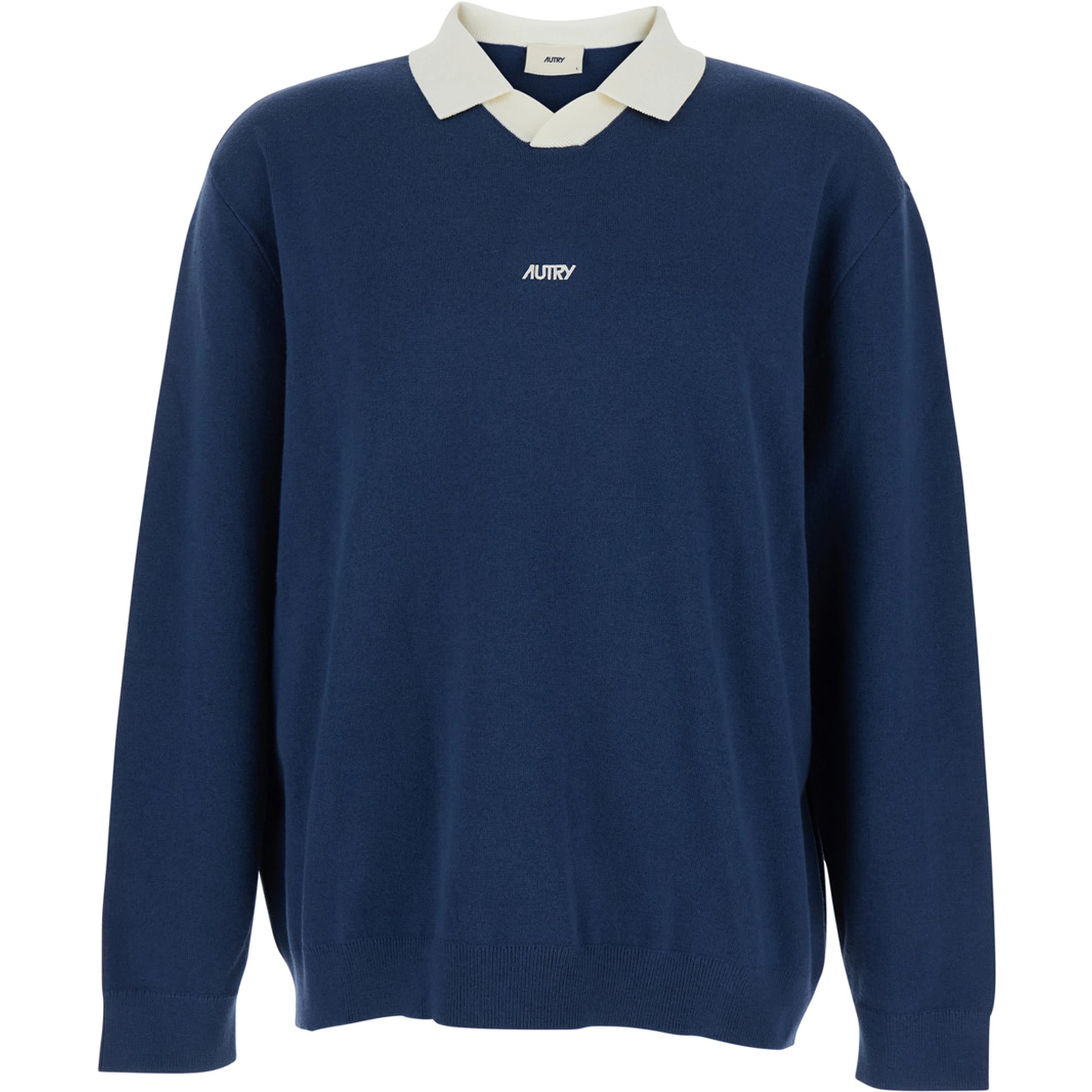 Blue Polo Shirt with Contrast Collar and Logo on Front in Cotton Blend Man
