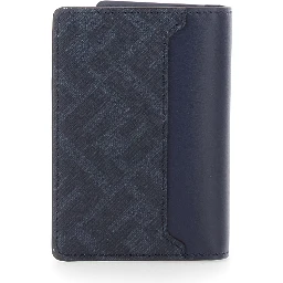 Blue Leather Card Holder with FF Logo Plate on the Front for Men