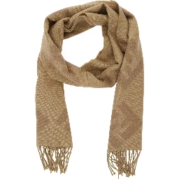 Beige Scarf with Fringed Hem and All-Over FF Motif in Wool for Men