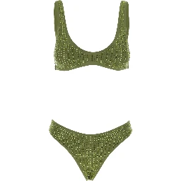 High-Cut Green Bikini with Brazilian Cut Brief and All-Over Sequin Stripe Decoration in Stretch Tech Fabric for Women