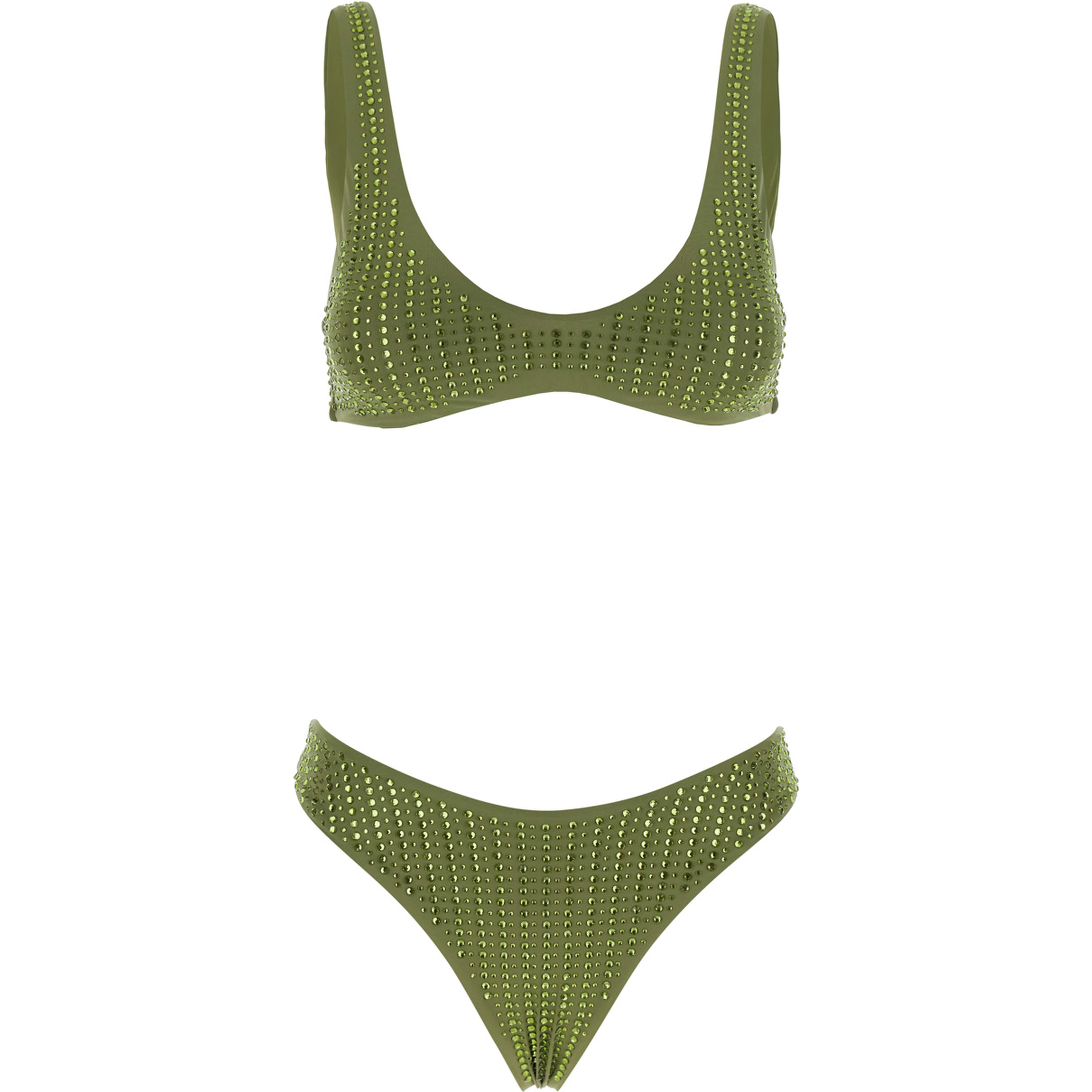 High-Cut Green Bikini with Brazilian Cut Brief and All-Over Sequin Stripe Decoration in Stretch Tech Fabric for Women