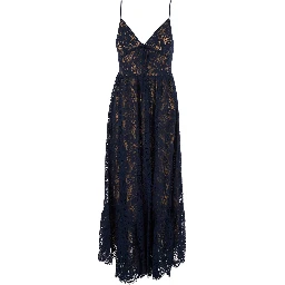 Blue Long Dress with V-neck and Lace Design in Cotton Blend for Women