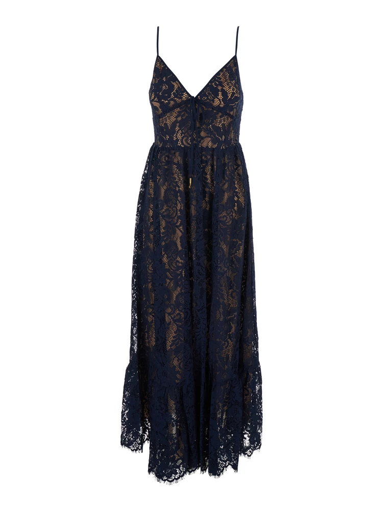 Blue Long Dress with V-neck and Lace Design in Cotton Blend for Women
