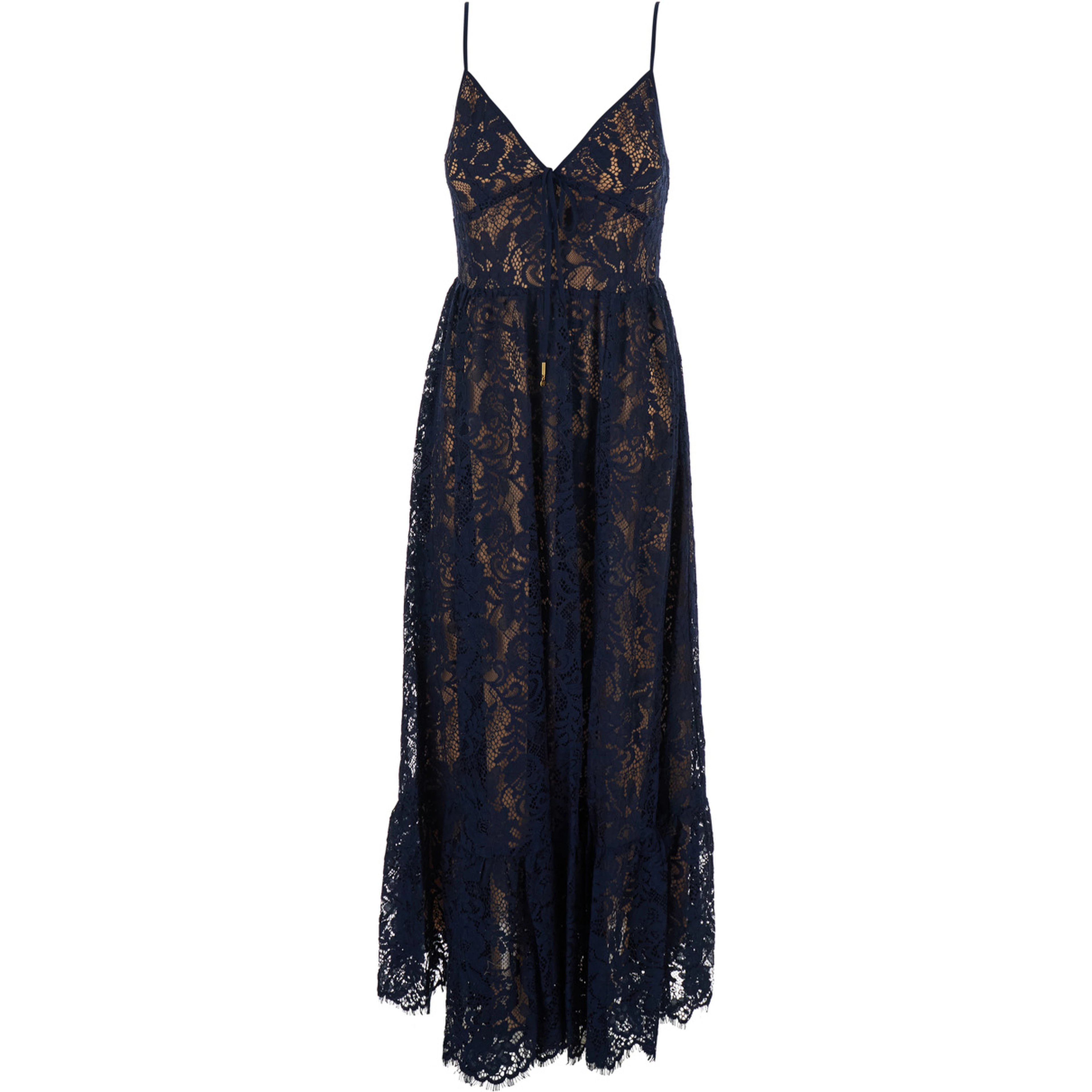 Blue Long Dress with V-neck and Lace Design in Cotton Blend for Women