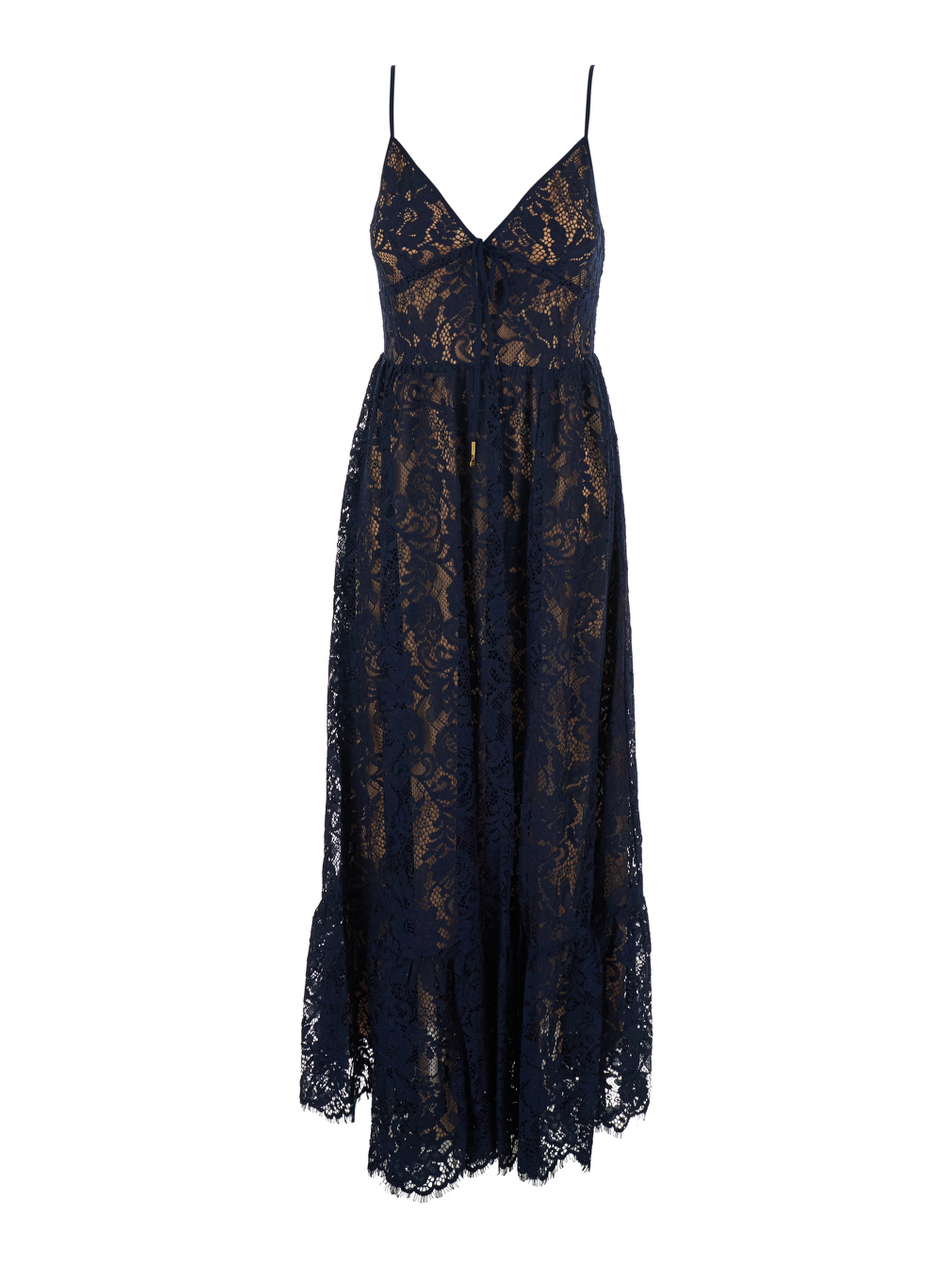 Blue Long Dress with V-neck and Lace Design in Cotton Blend for Women