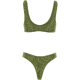High-Cut Green Bikini with Brazilian Cut Brief and All-Over Sequin Stripe Decoration in Stretch Tech Fabric for Women