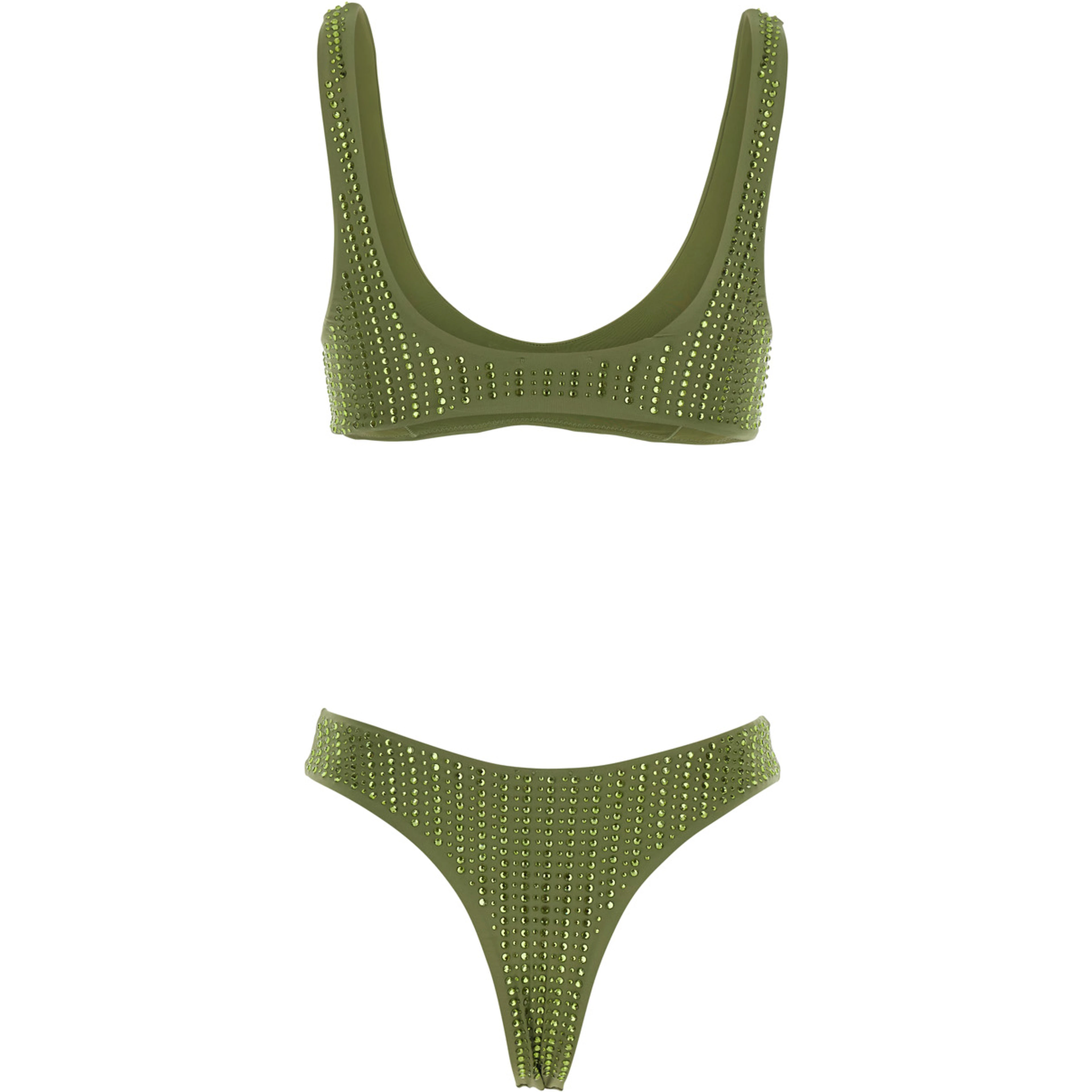 High-Cut Green Bikini with Brazilian Cut Brief and All-Over Sequin Stripe Decoration in Stretch Tech Fabric for Women