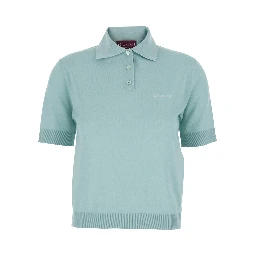 Light Blue Polo with Classic Collar and Logo Lettering Embroidery on the Front in Wool for Women